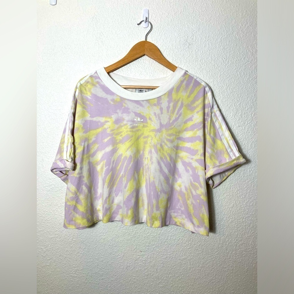 Adidas sweatshirt cropped US 3X tie dye yellow purple white three stripes
